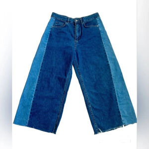 De Facto Two Tones High Rise Wide Legs Blue Raw Hem Cropped Jeans Size 10